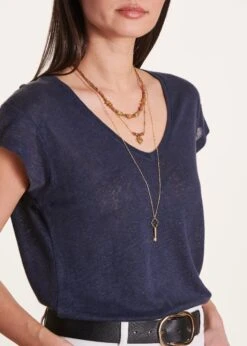 T-shirt Bleu Marine En Lin Manches Courtes -Mode Soldes Boutique FA TS DAVIA 608 6