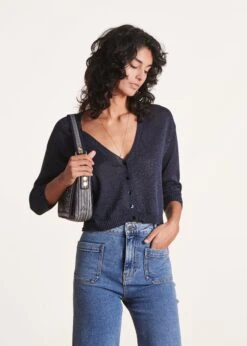 Gilet Court Bleu Marine Manches Longues Col V