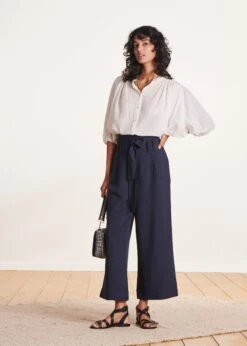 Pantalon Ample Bleu Foncé Taille Haute En Viscose Lin