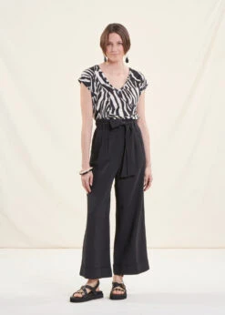 Pantalon Ample Noir Taille Haute En Viscose Lin