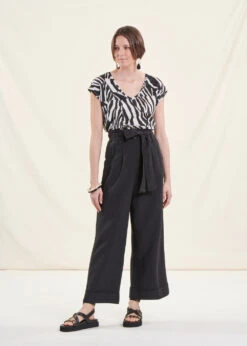 Pantalon Ample Noir Taille Haute En Viscose Lin -Mode Soldes Boutique FF PA BARTOLI V 700 c