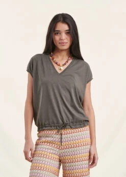 T-shirt Blousant Kaki En Lyocell Manches Courtes