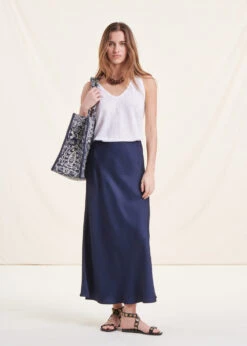 Jupe Longue Satin Bleu Foncé Fluide