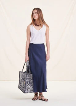 Jupe Longue Satin Bleu Foncé Fluide -Mode Soldes Boutique FG JU TORINO R 1424 c