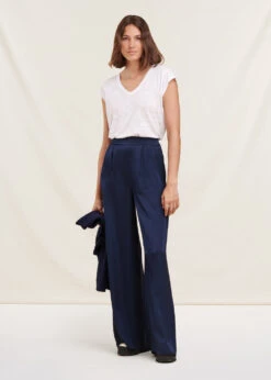 Pantalon Bleu Foncé Ample Fluide En Satin