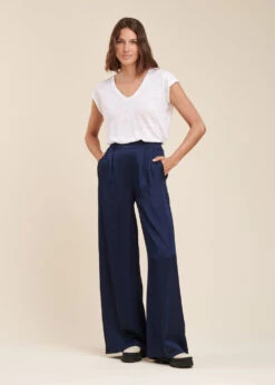 Pantalon Bleu Foncé Ample Fluide En Satin -Mode Soldes Boutique FG PA TONI R 1424 c