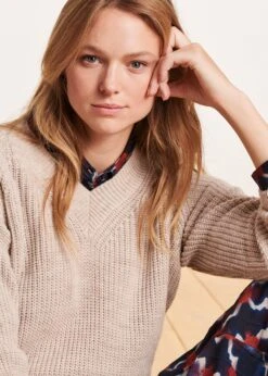 Pull Beige Encolure V En Maille Côtes Perlées 12 Pull Beige Encolure V En Maille Côtes Perlées -Mode Soldes Boutique FG PU TARAX 1493 6