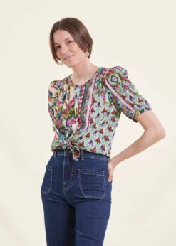 Chemise Vert D'eau à Fleurs Manches Courtes