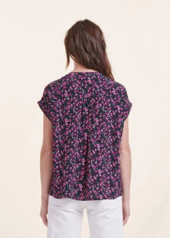 Chemise Noire à Fleurs Col Mao Manches Courtes -Mode Soldes Boutique FH CH SILVIA F 700 b
