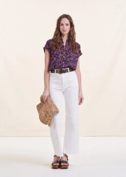 Chemise Noire à Fleurs Col Mao Manches Courtes -Mode Soldes Boutique FH CH SILVIA F 700 c