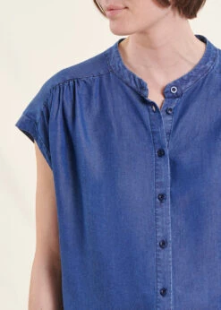 Chemise Bleu Denim Fluide Col Mao Manches Courtes -Mode Soldes Boutique FH CH SILVIA J 848 6