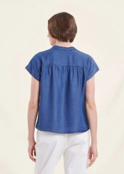 Chemise Bleu Denim Fluide Col Mao Manches Courtes -Mode Soldes Boutique FH CH SILVIA J 848 b