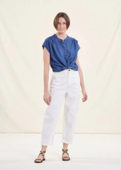 Chemise Bleu Denim Fluide Col Mao Manches Courtes -Mode Soldes Boutique FH CH SILVIA J 848 c