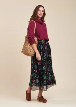 Jupe Longue Fluide Noire Fleurie Taille élastique -Mode Soldes Boutique FH JU LAURENZ J 700 c