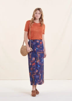 Jupe Mi-longue Bleue Drapée Imprimée Avec Taille élastique