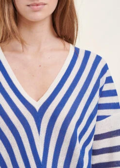 Pull Rayé Bleu Manches 3/4 Col V -Mode Soldes Boutique FH PU DANAEE P 1563 6