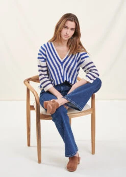 Pull Rayé Bleu Manches 3/4 Col V -Mode Soldes Boutique FH PU DANAEE P 1563 c
