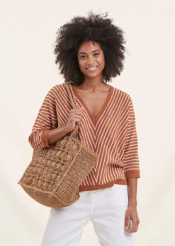 Pull Rayé Camel Manches 3/4 Col V