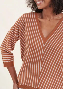 Pull Rayé Camel Manches 3/4 Col V -Mode Soldes Boutique FH PU DANAEE R 1580 6