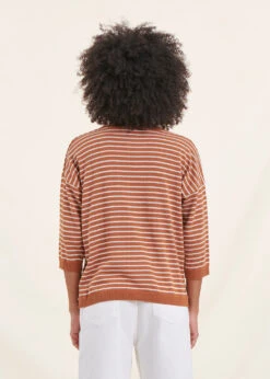 Pull Rayé Camel Manches 3/4 Col V -Mode Soldes Boutique FH PU DANAEE R 1580 b