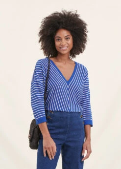 Pull Rayé Bleu Roi Manches 3/4 Col V