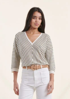 Pull Rayé Kaki Manches 3/4 Col V