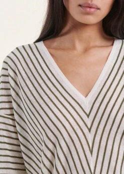 Pull Rayé Kaki Manches 3/4 Col V -Mode Soldes Boutique FH PU DANAEE R 261 6