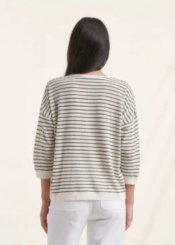 Pull Rayé Kaki Manches 3/4 Col V -Mode Soldes Boutique FH PU DANAEE R 261 b