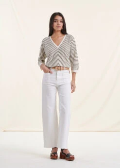 Pull Rayé Kaki Manches 3/4 Col V -Mode Soldes Boutique FH PU DANAEE R 261 c