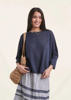 Pull Bleu Marine En Coton Biologique Manches 3/4 Oversize