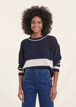 Pull Marinière Bleu Marine Manches Longues Encolure Ronde