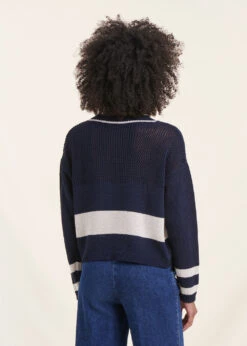 Pull Marinière Bleu Marine Manches Longues Encolure Ronde -Mode Soldes Boutique FH PU VAELLE M 159 b