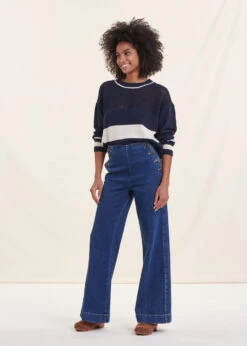 Pull Marinière Bleu Marine Manches Longues Encolure Ronde -Mode Soldes Boutique FH PU VAELLE M 159 c