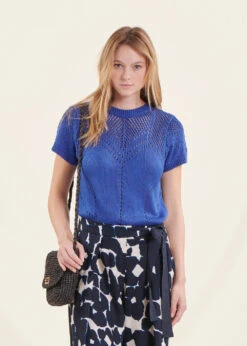 Pull Bleu Marine Manches Courtes Encolure Ronde