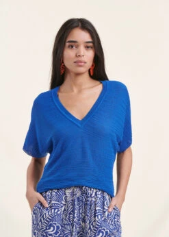 Pull Bleu Roi Manches Courtes Col V