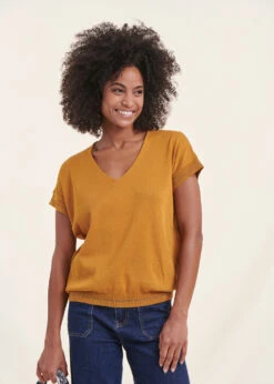 Pull Moutarde Manches Courtes Col V