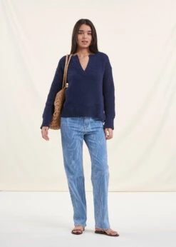 Pull Bleu Marine Manches Longues Encolure Tunisienne -Mode Soldes Boutique FH PU VUPA 608 c