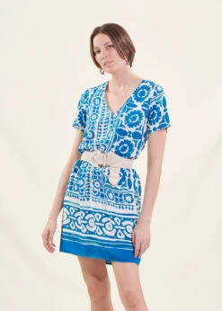 Robe Courte Bleue Manches Courtes à Imprimé -Mode Soldes Boutique FH RO PERSIL A 1543 c