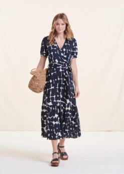 Robe Longue Cintrée Bohème Bleu Marine Manches Courtes -Mode Soldes Boutique FH RO PIA E 1566 c