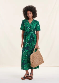 Robe Longue Cintrée Bohème Verte Manches Courtes Imprimé Animal