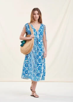 Robe Mi-longue Bleue à Imprimé -Mode Soldes Boutique FH RO SELOTA A 1543 c