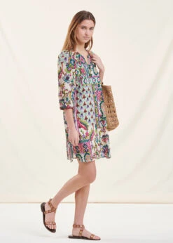 Robe Courte Ample Vert D'eau En Voile Gaufré à Imprimé Fleuri