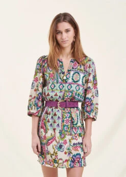 Robe Courte Ample Vert D'eau En Voile Gaufré à Imprimé Fleuri -Mode Soldes Boutique FH RO VAIANA F 1578 c