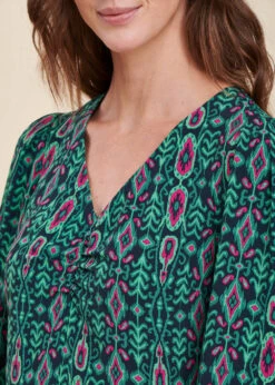 Robe Courte Cintrée Verte Manches Longues à Imprimé Ethnique -Mode Soldes Boutique FH RO VALEDA G 709 6