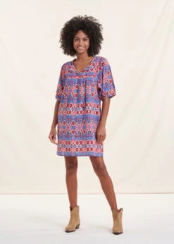 Robe Courte Bohème Bleu Et Rose En Coton Biologique Imprimé Ethnique