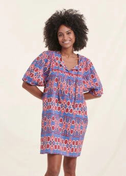 Robe Courte Bohème Bleu Et Rose En Coton Biologique Imprimé Ethnique -Mode Soldes Boutique FH RO VANALIS B 860 c