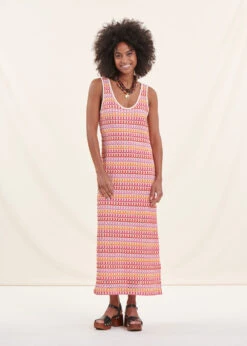 Robe Longue En Crochet Multicolore Orange Sans Manches