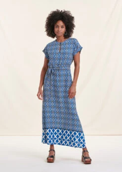 Robe Longue Fluide Bleue Imprimée à Manche Courtes -Mode Soldes Boutique FH RO VANIDA L 722 c