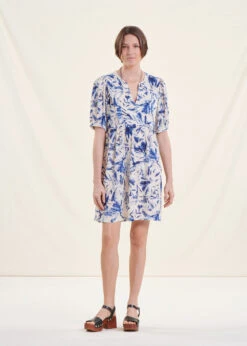 Robe Courte évasée à Imprimé Bleu Et Blanc