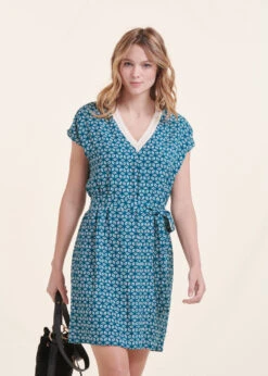 Robe Courte Cintrée Bleu Pétrole à Imprimé -Mode Soldes Boutique FH RO VEFI F 805 c